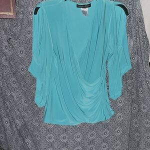 EUC Addressing Woman Teal Draped Faux Wrap Blouse W/cut Out Sleeves